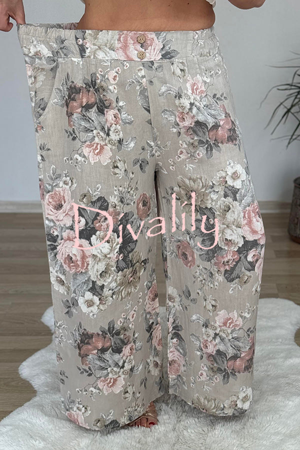 Linen Blend Crew Neck Long Sleeve Irregular Loose Top and Elastic Waist Floral Print Casual Pocket Set