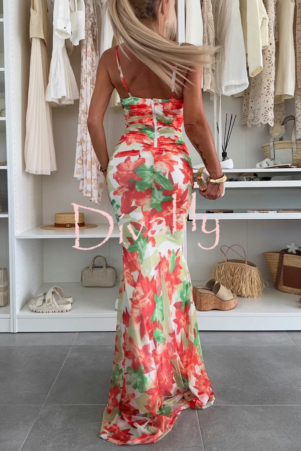 Irresistibly Chic Mesh Botanical Print Cut Out Bust Ruched Stretch Maxi Dress