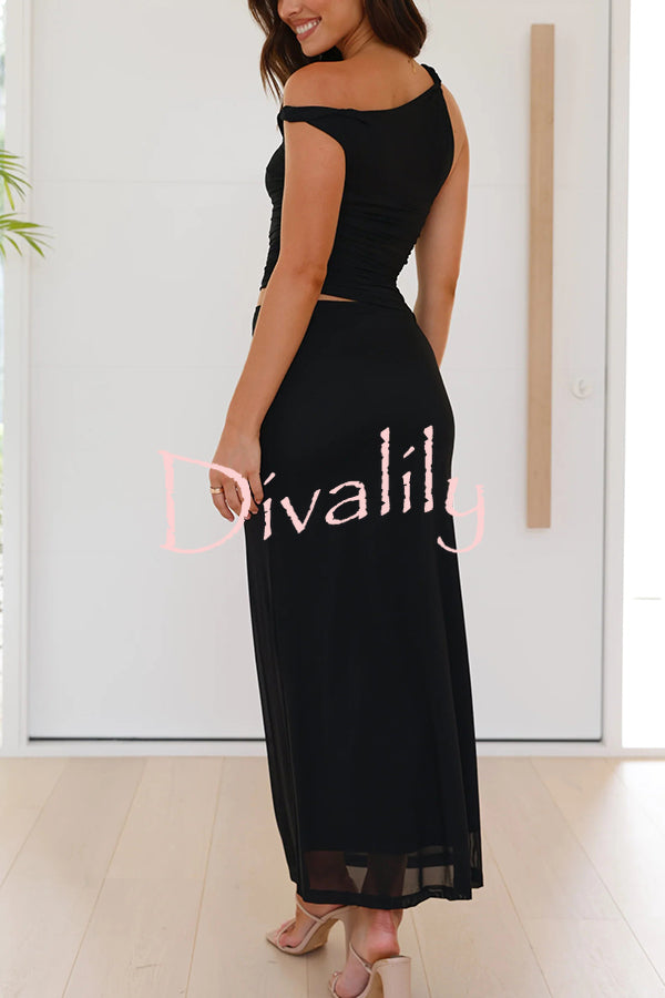 Solid Color Mesh Splicing Waist-baring Slim Maxi Dress