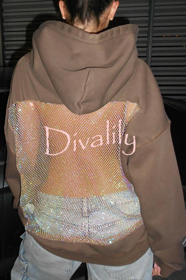 Fashionable Shiny Mesh Hollow Back Loose Long-sleeved Hooded Sweatshirt