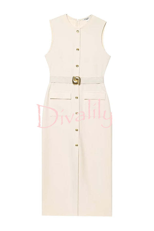 Danina Button Up Sleeveless Metal Belted Pocket Stretch Midi Dress