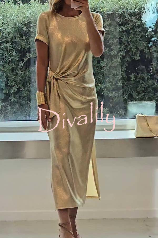 Full of Charming Glitter Fabric Short Sleeve Tie-up Waist Slit Midi Dress