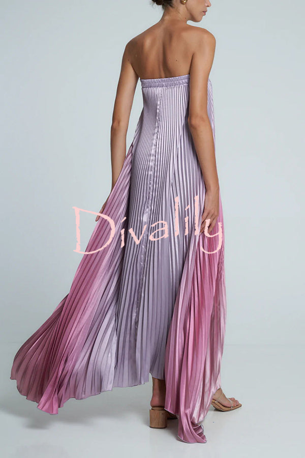 Gorgeous Styling Satin Pleated Elastic Bust Strapless A-line Gown Maxi Dress