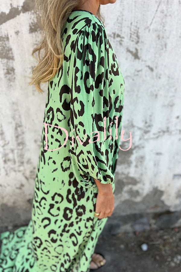 Leopard Print Loose V-neck Pocket Holiday Style Maxi Dress