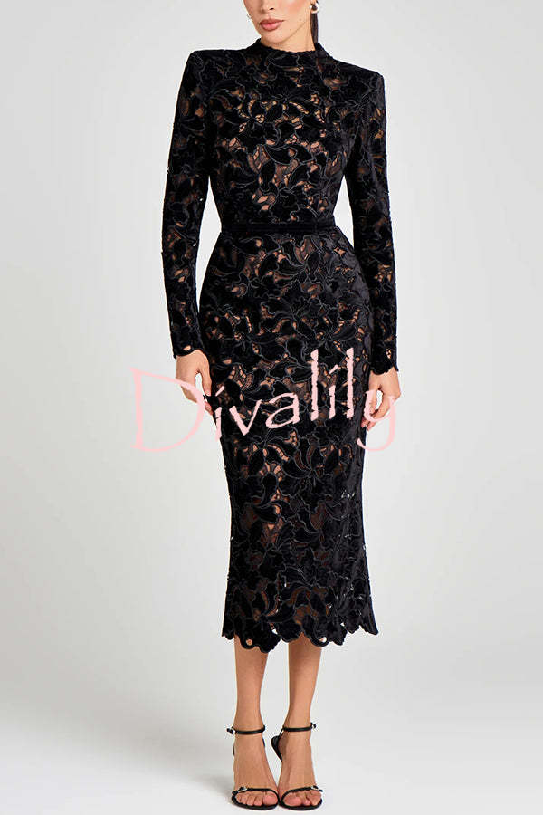 Diane Velvet Embroidered Floral Lace Long Sleeve Belt Scallop Edge Midi Dress