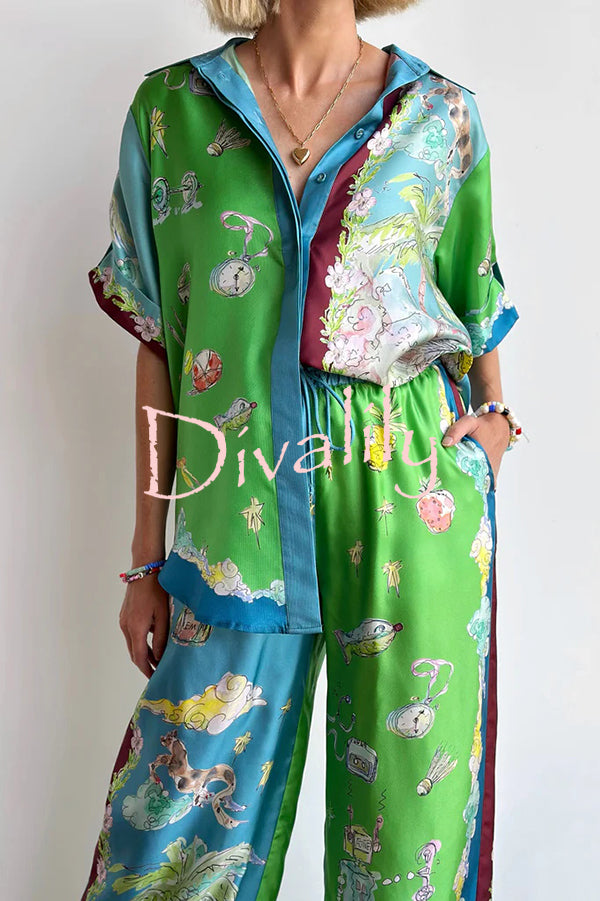 Unique Printed Lapel Short-sleeved Loose Shirt and Elastic Waist Tie Wide-leg Pants Set