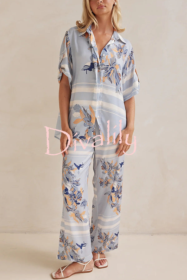 Fashionable Plant Print Loose Lapel Short Sleeve Shirt and Casual Elastic Waist Pocket Pants Set