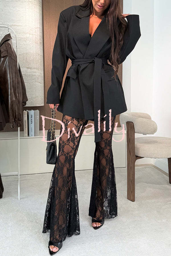 Chic Moment Floral Lace High Rise Elastic Waist Fishtail Hem Stretch Pants