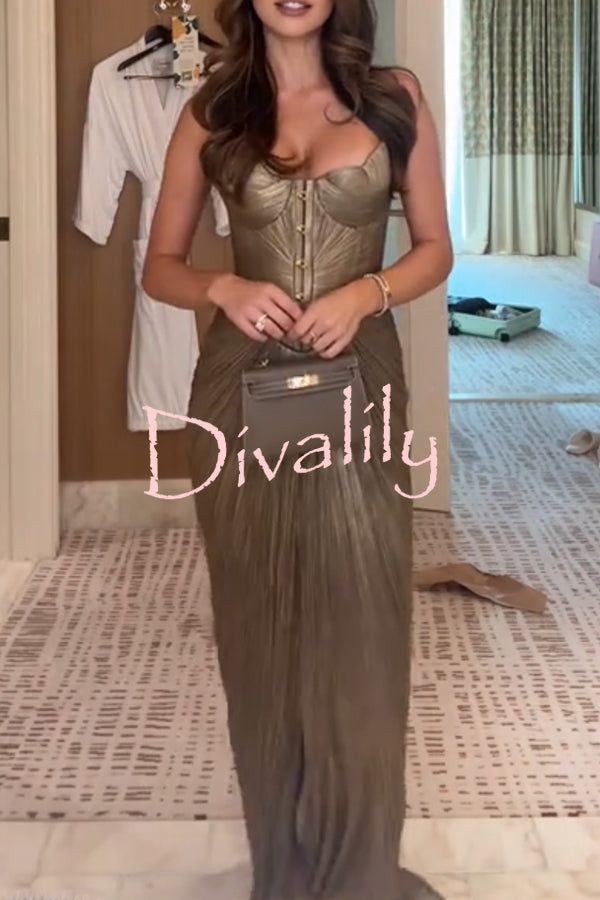 Vegas Queen Metallic Pleated Sculpted Bodice Back Lace-up Drape Maxi Dress