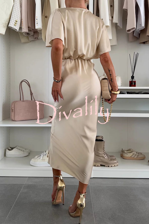Satin Solid Color V-neck Cross Knot Slim Maxi Dress