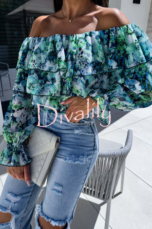 Colorful Botanical Print Sexy Off-shoulder Ruffle Top