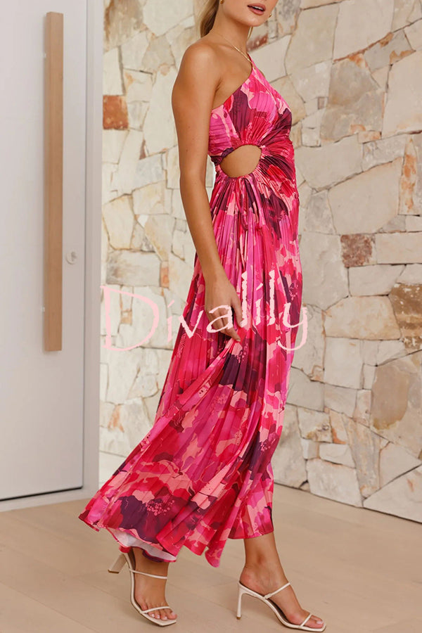 Laken Floral Print One Shoulder Adjustable Tie Cutout Pleated Maxi Dress