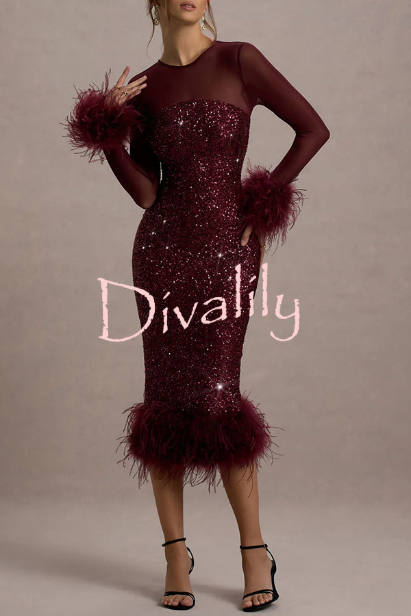 Glamor and Drama Mesh Sequin Patchwork Feather Trim Stretch Midi Dress