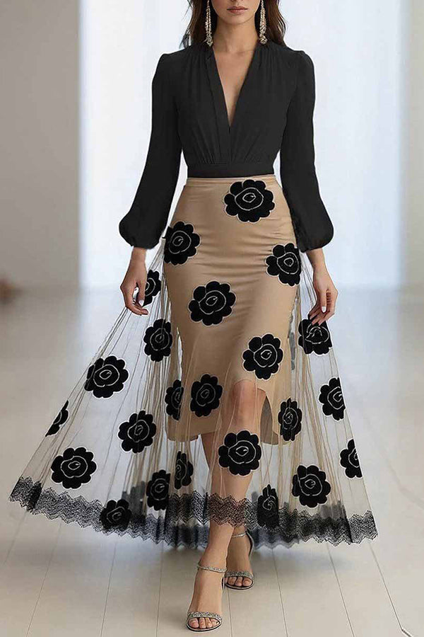 Floral Print V-neck Long-sleeved Patchwork Mesh Maxi Dress