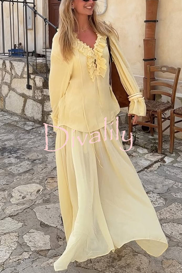 Solid Color Pleated Ruffled Tie Long Sleeve Loose Shirt