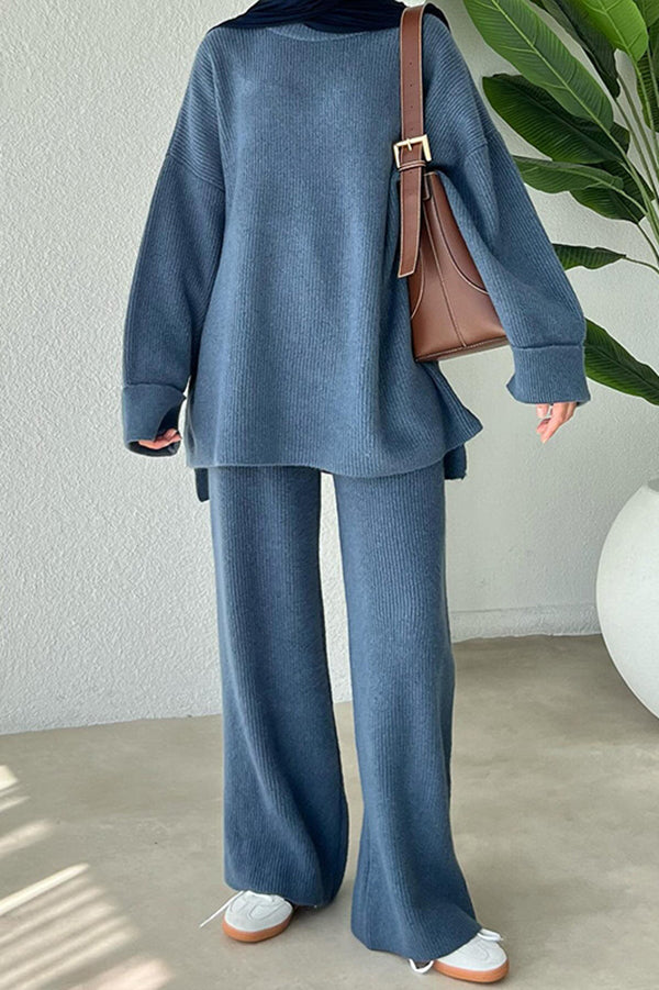 Solid Color Loose Long-sleeved Knit Top and Elastic Waist Casual Straight Leg Pants Set