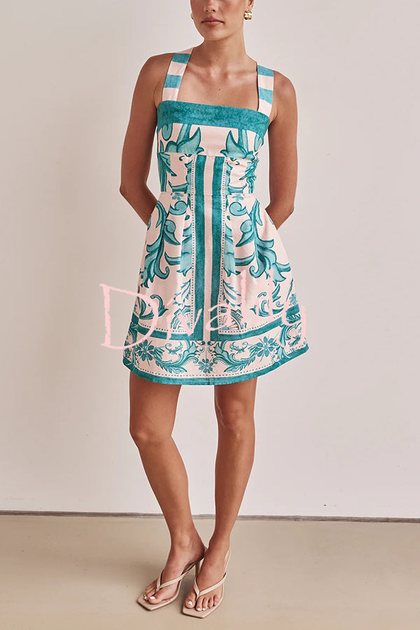 Channeling Summer Linen Blend Unique Print Wide Strap Pocketed Mini Dress