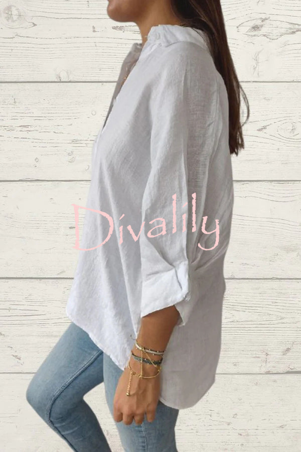 Linen Blend Solid Color Tie Back Loose Shirt Top