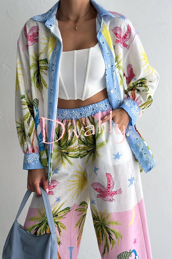 Holiday Style Print Loose Long Sleeve Shirt and Elastic Waist Loose Pocket Wide Leg Pants Set