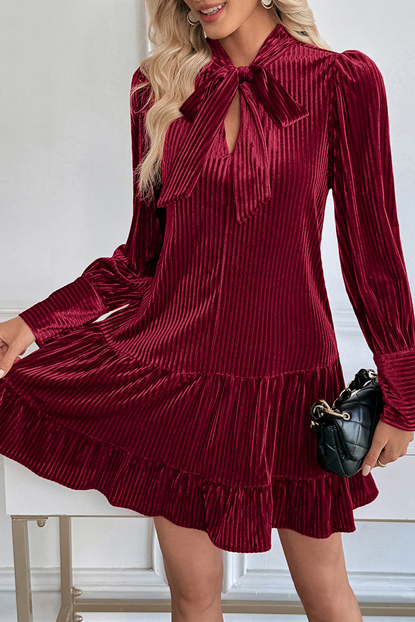 Vintage Velvet Bow Tie Neck Long Sleeve Loose Mini Dress