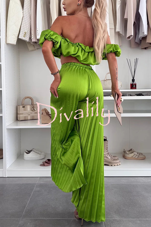 Jorie Satin Off Shoulder Puff Sleeve Crop Top and Elastic Waist Pleated Wide Leg Pants Set