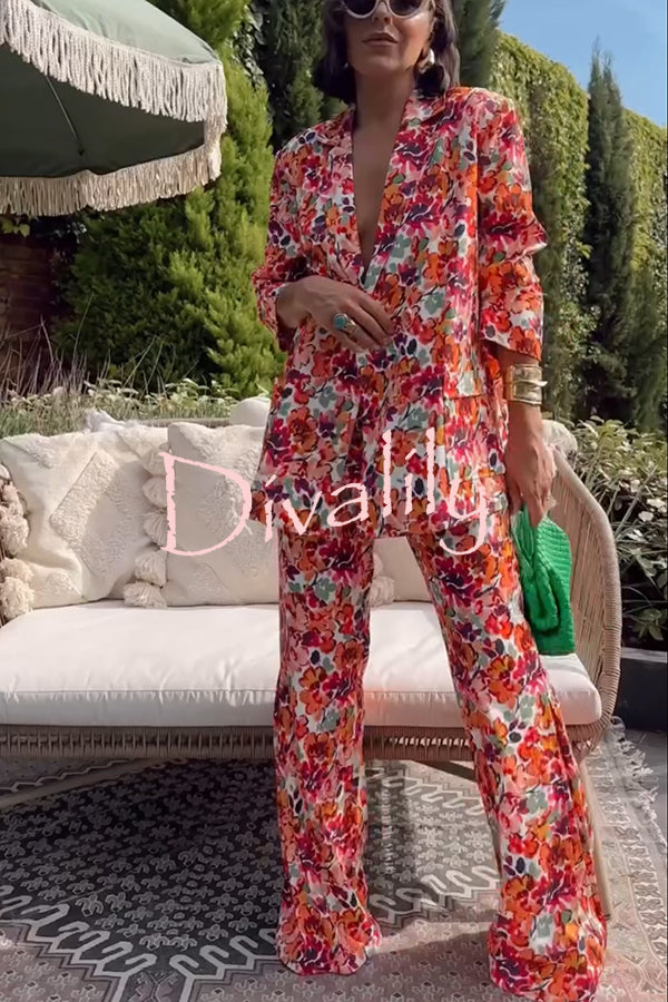 Full of Energy Flower Print Lapel Blazer and Elastic Waist Pocket Pleated Side Hem Pants Set