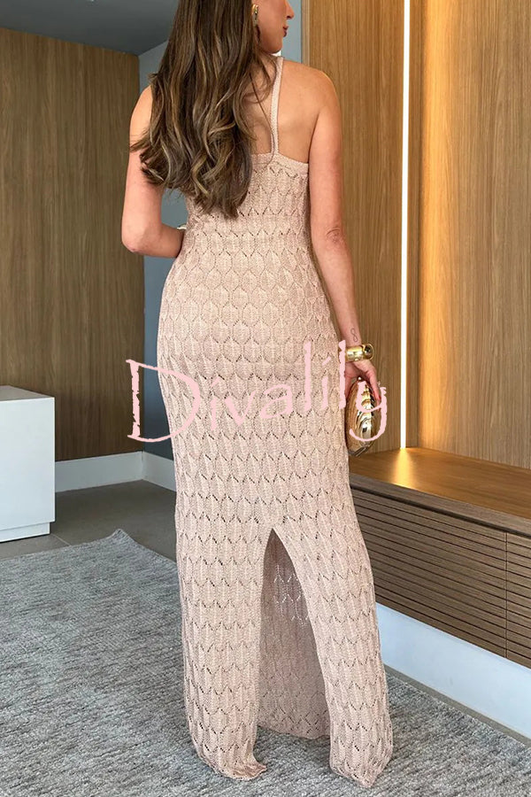 Solid Color Knitted Open Back Slim Slit Maxi Dress