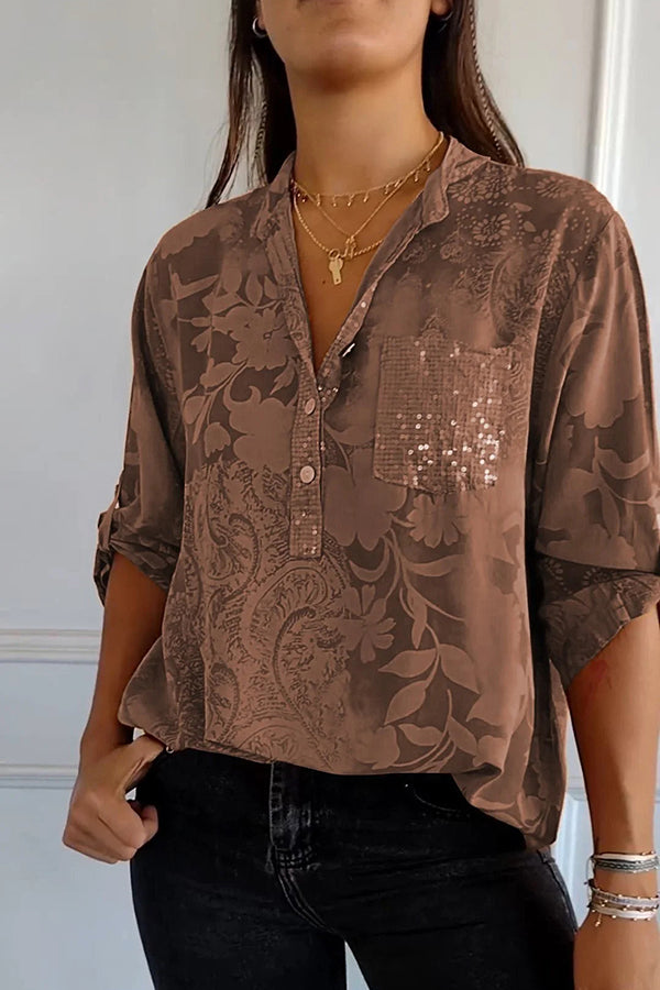 Botanical Floral Print Casual Fashion Sequin Pocket Shirt Top