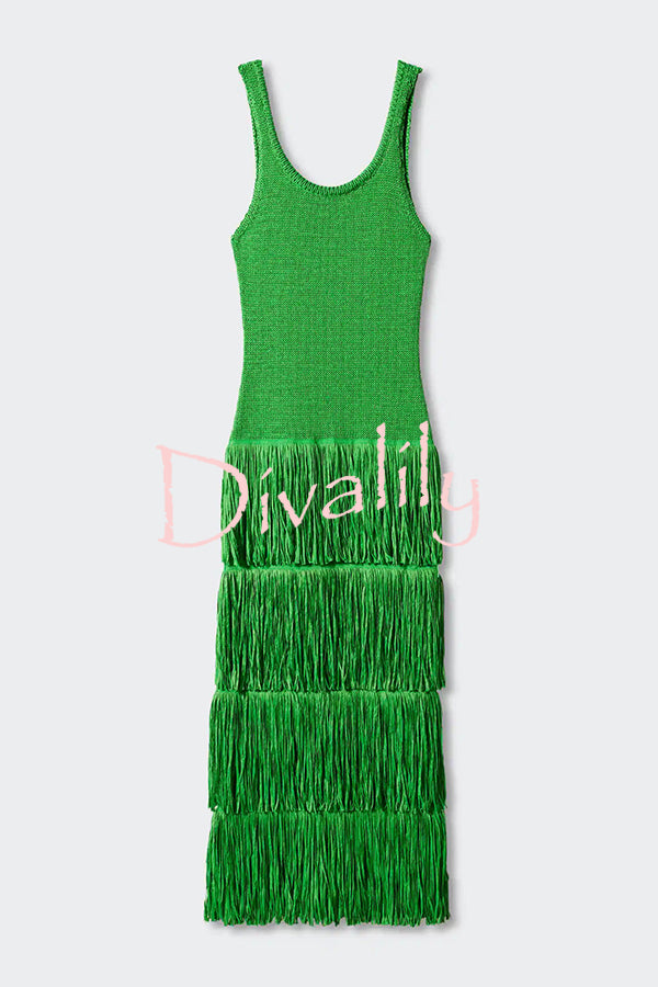 Solid Color Sleeveless Slim Fit Fringed Hem Knitted Midi Dress