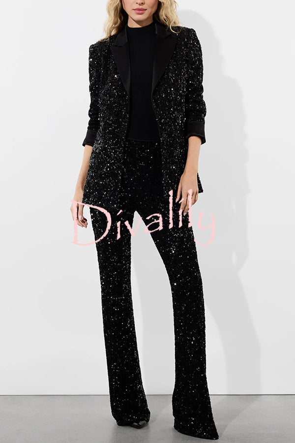 Sparkle Season Sequin High Rise Elastic Waist Stretch Flare Party Pants