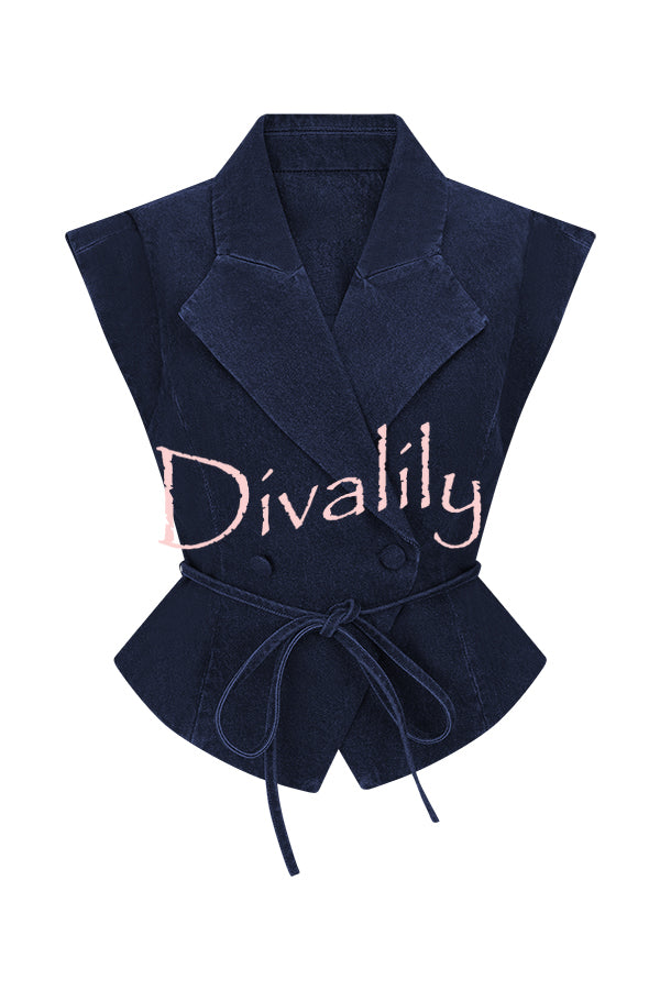 Charley Denim Button Up Cap Short Sleeve Structured Tie-up Lapel Top