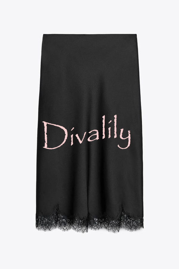 Dolly Satin Lace Trim Mid Rise Slit Drape Midi Skirt