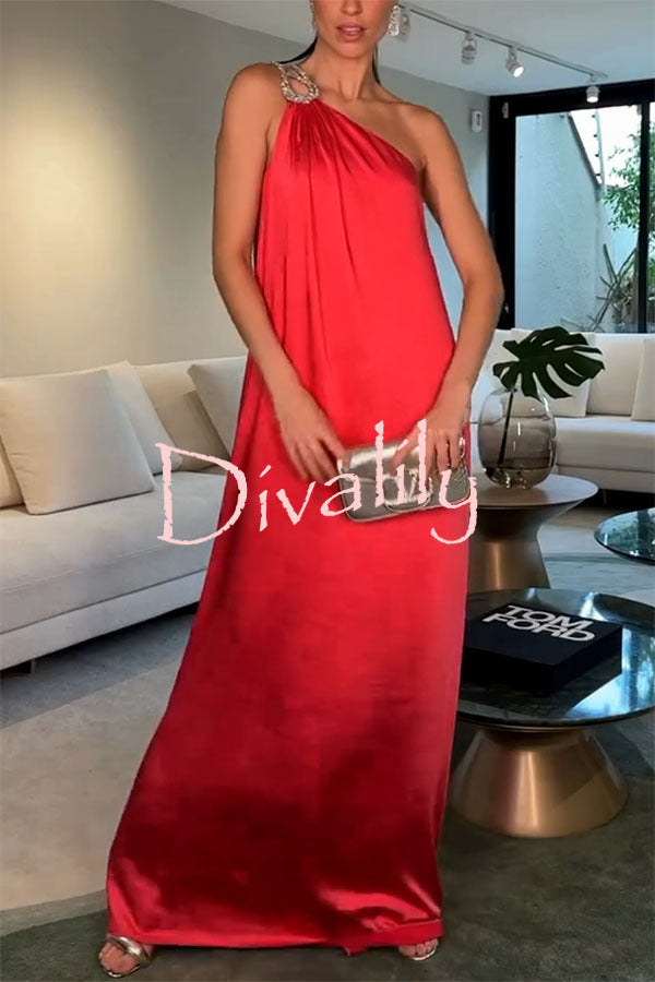 Charming Glance Satin Metal Hardware One Shoulder Loose Maxi Dress