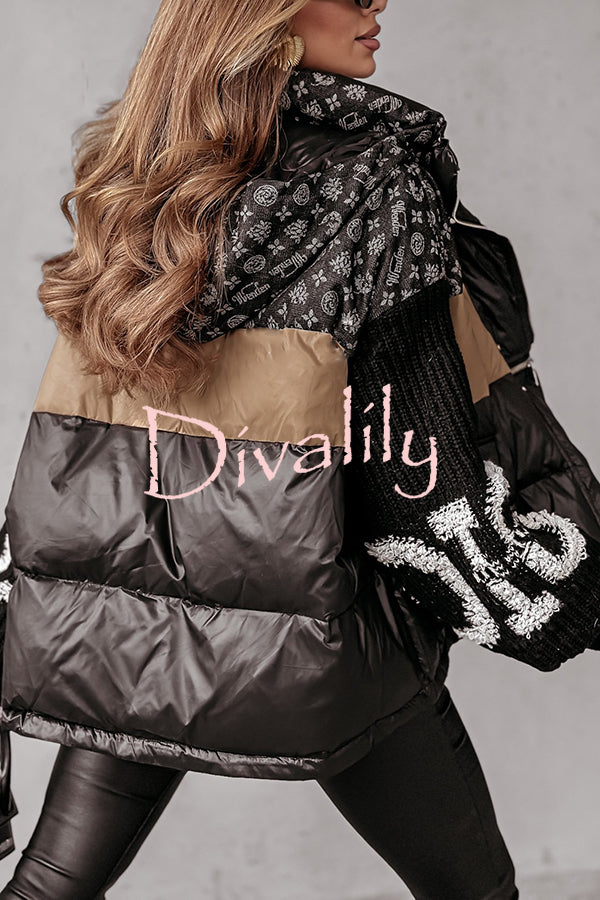 Stylish Denim Knit Long-sleeved Patchwork Hooded Pocket Thickened Jacket