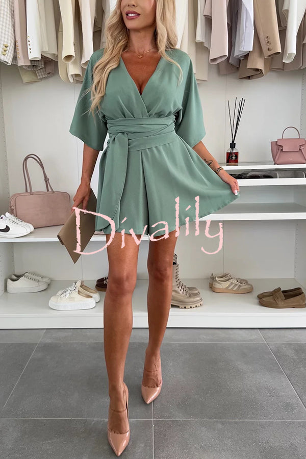 Stylish Comfortable V-neck Wide Sleeve Tie-up Loose Romper