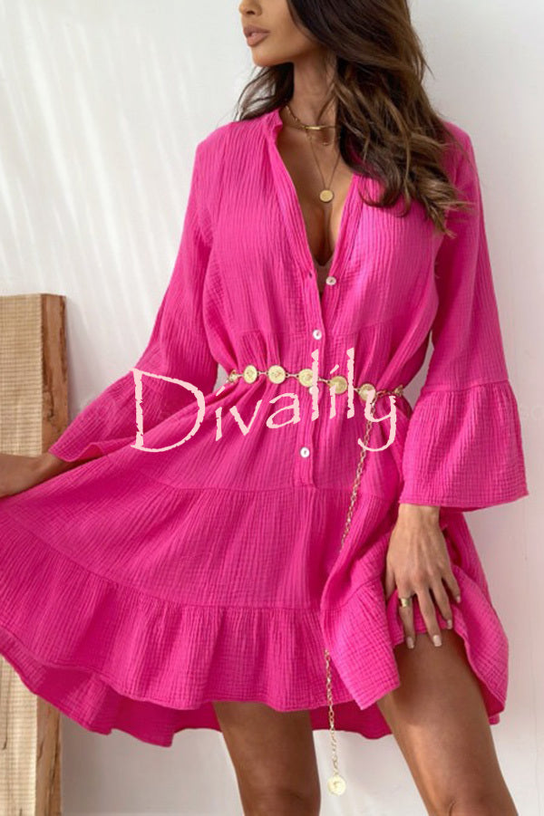Linen Blend Solid V-Neck Bell Sleeve Casual Mini Dress