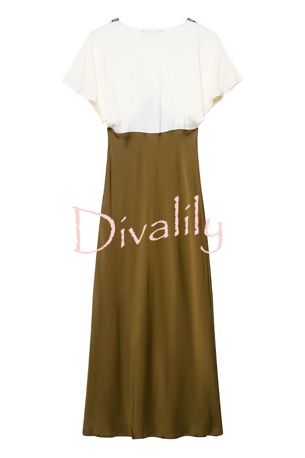 Fashionable Contrast Color V-neck Lace Stitching Maxi Dress