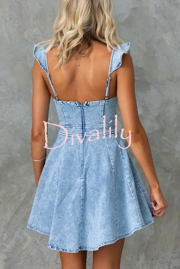 Sweet Secret Denim Square Neck Ruffle Sleeve Stretch Mini Dress