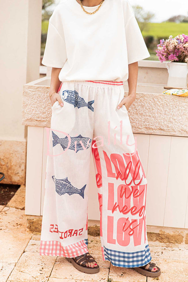 Unique Printed Elastic Waist Pocket Vacation Casual Wide Leg Pants