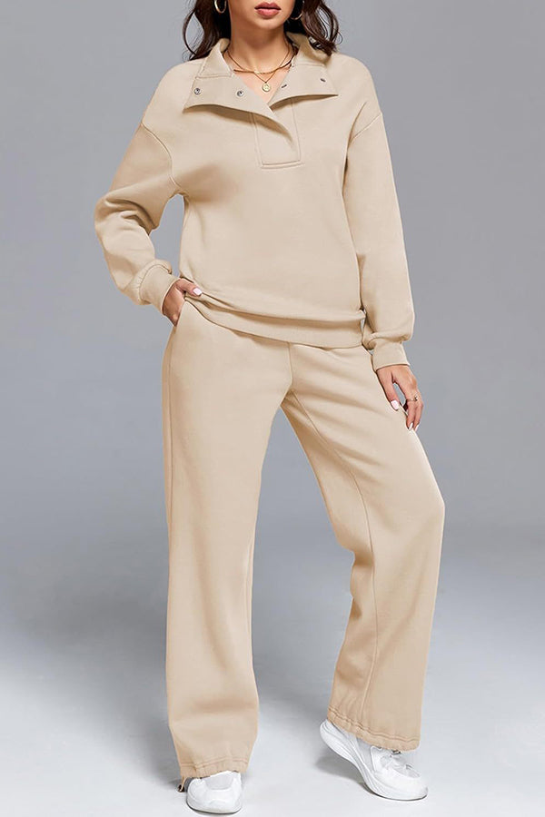 Solid Color Long-sleeved Lapel Sports Sweatshirt and Elastic Waist Casual Pocket Pants Set