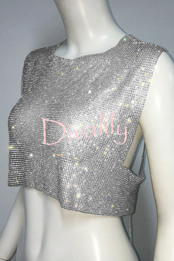 Sexy Metallic Rhinestone Backless Chain Vest