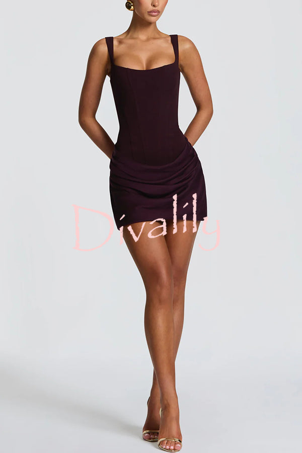 Cornelia Square Neck Back Lace-up Satin Drape Hem Mini Dress