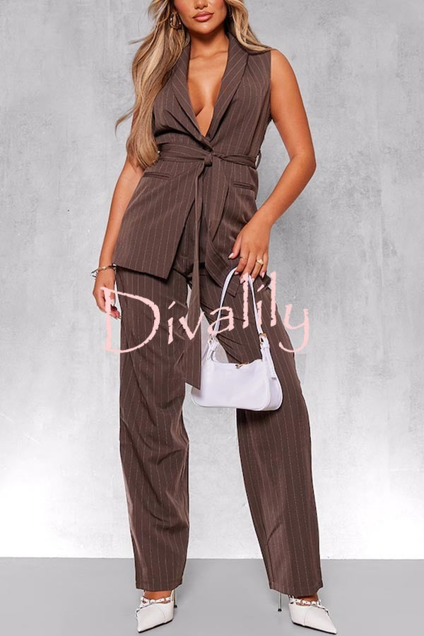 Goal Digger Striped Button Belted Lapel Vest and Pocketed Wide-leg Pants Set