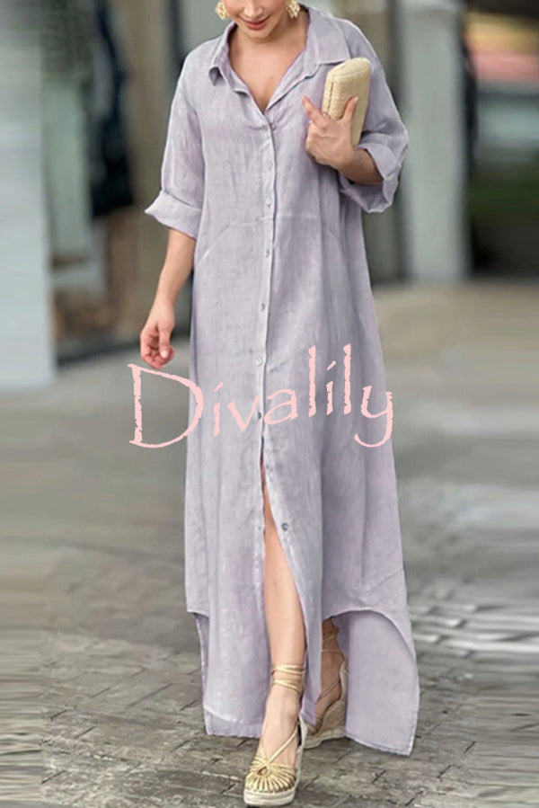 Linen Blend Solid Long Sleeve Buttoned Loose Shirt Style Maxi Dress