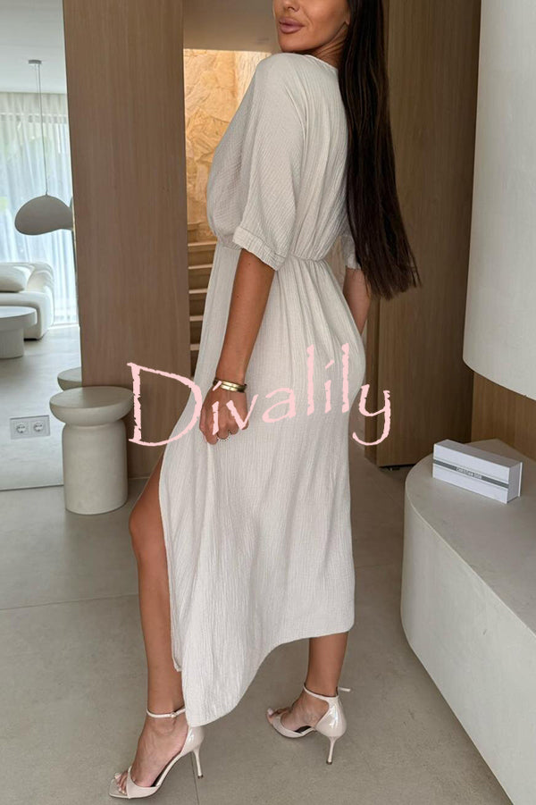 Linen Blend Solid Color V-neck Short Sleeve Waist Loose Slit Midi Dress