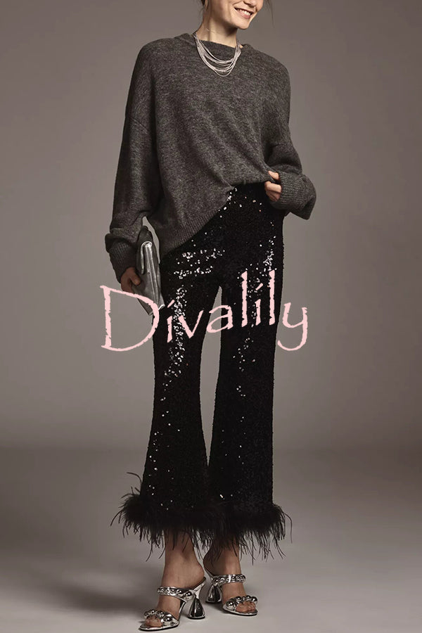 New Year Eve Sequin Feather Trim High Rise Back Zipper Flare Pants