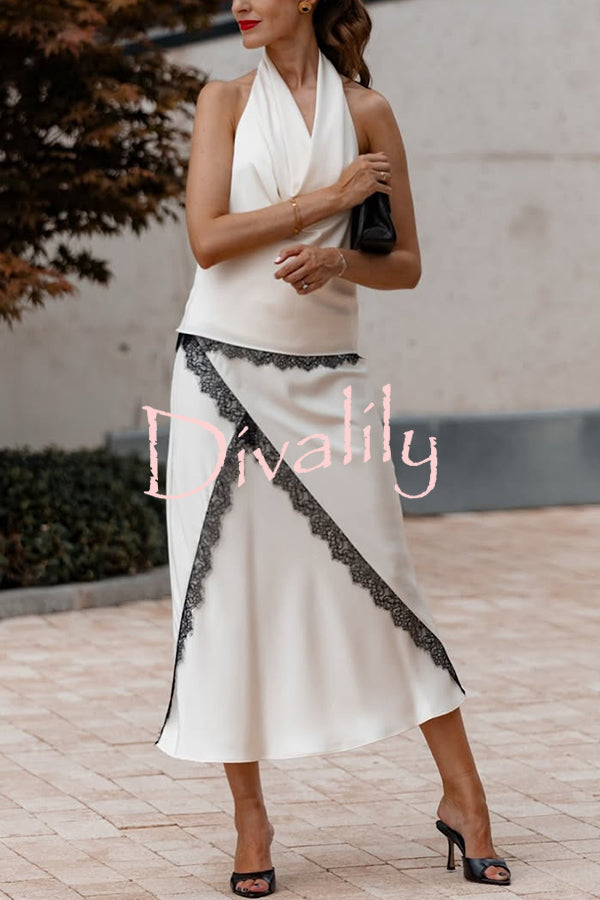Iriena Satin Lace Trim Cowl Halter Neck Tank and Mid Rise Midi Skirt Set