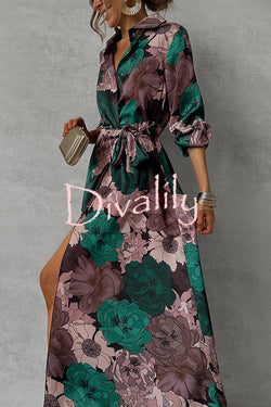 Floral Print Lapel Waisted Lace-up Long-sleeve Maxi Dress