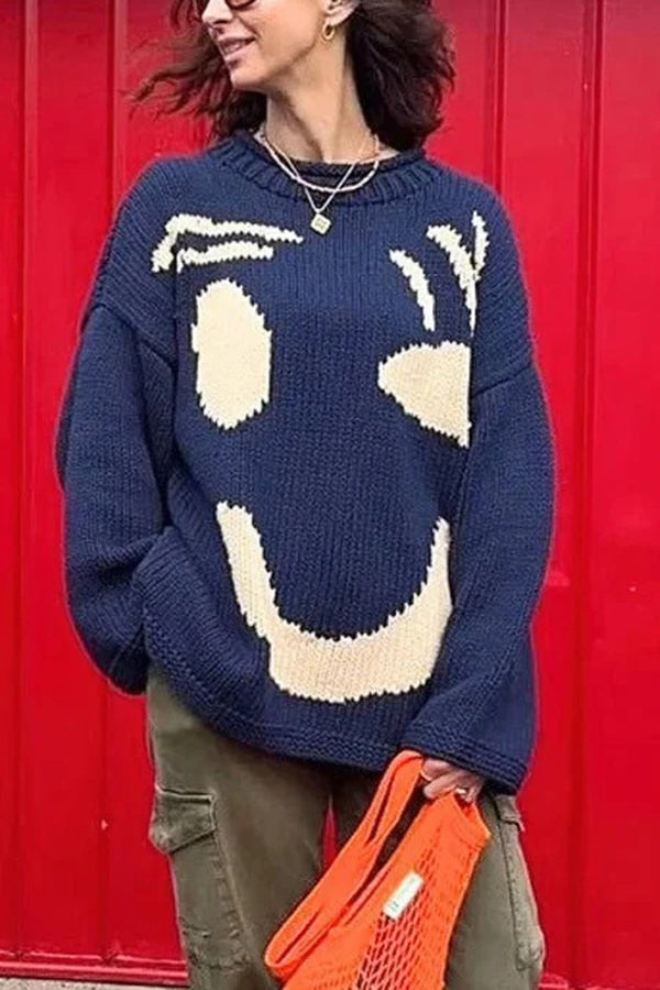 Feel Good Knit Colorful Smiley Face Loose Pullover Sweater