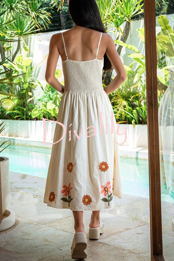 Embroidered Printed Suspenders Pleated Holiday Midi Dress